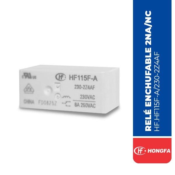 RELÉ ENCHUFABLE 2NA/NC, 230VAC, 8 PINES, MARCA HONGFA
