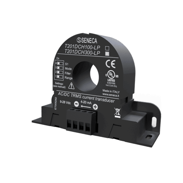 Transductor de corriente CA / CC (± 300 A) Efecto Hall TRMS con salida de 4..20 mA SENECA T201DCH300-LP