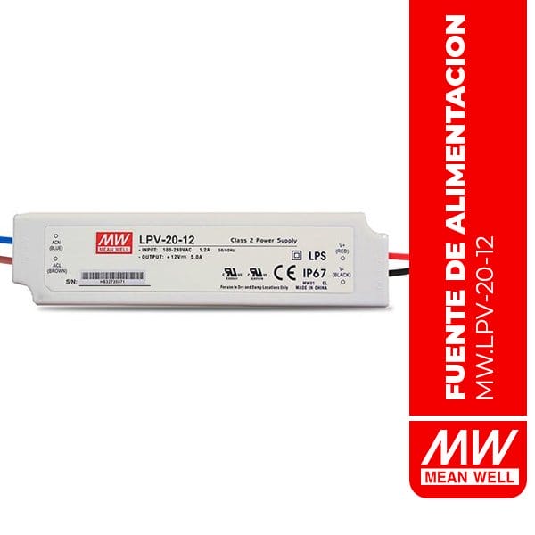 FUENTE DE ALIMENTACION LPV, LED DRIVER 20W 12V 1.67A, MEANWELL - LPV-20-12
