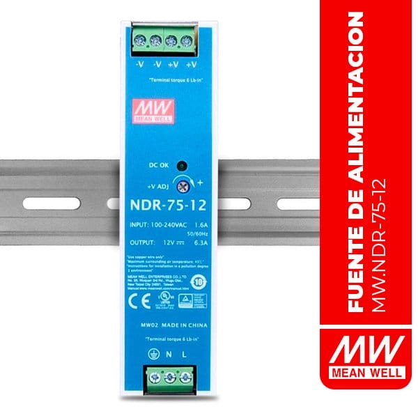 FUENTE DE ALIMENTACION EN RIEL DIN 75.6W 12V 6.3A EN55022 Class B - NDR-75-12