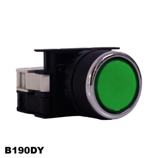 PULSADOR DE 22MM SERIE B PLASTICO LED 1NO 12-30V AC/DC, VERDE CON RESORTE DE 22 MM (B190DY)
