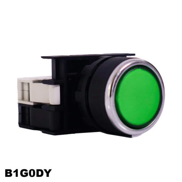 PULSADOR LED PLANO DE PLASTICO SERIE B, 1NO, 110 V CA/CC, ACCIONADO POR RESORTE, VERDE, 22 MM, (B1G0DY)