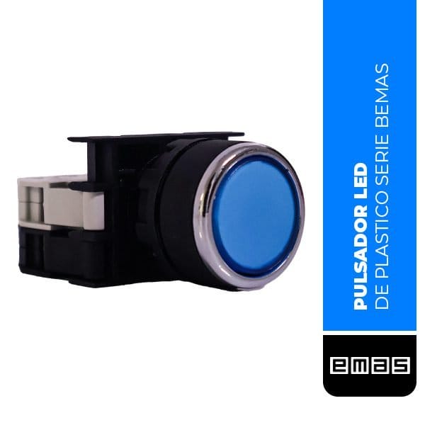 PULSADOR LED DE PLASTICO SERIE B, 1NO, 100-230 V CA, CON RESORTE, LISO, AZUL, 22 MM, (B1M0DM)